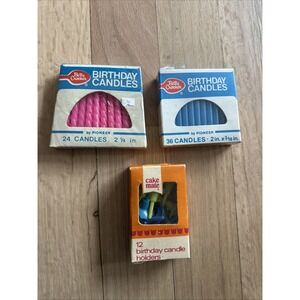 Vintage Lot Birthday Candles BETTY CROCKER Pink & Blue + 12 Cake Mate Holders